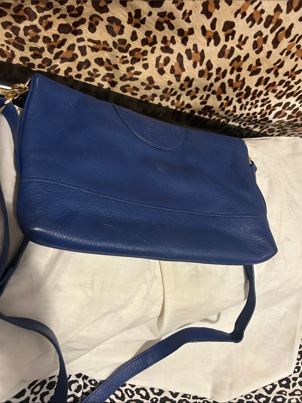 Tory Burch Blue Leather Crossbody/Shoulder Bag with Perforated Logo Detail
